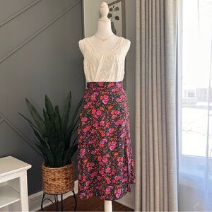 Purple Pink Floral Midi Skirt with Slit